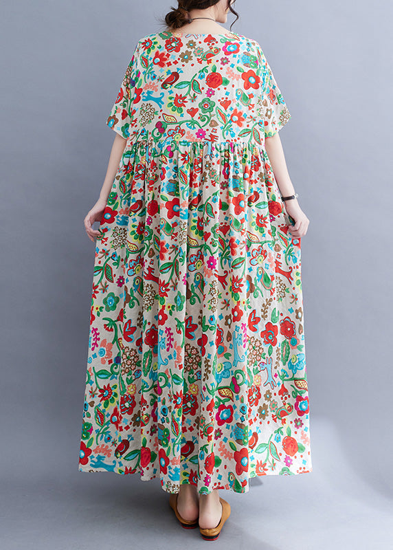 Floral Graphic Print Round Neck Short Sleeve Empire Waist Babydoll Maxi Dress