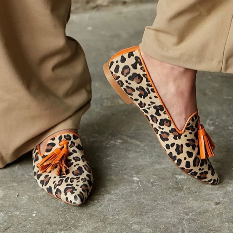 Leopard Print Tassel Low Block Heel Loafers