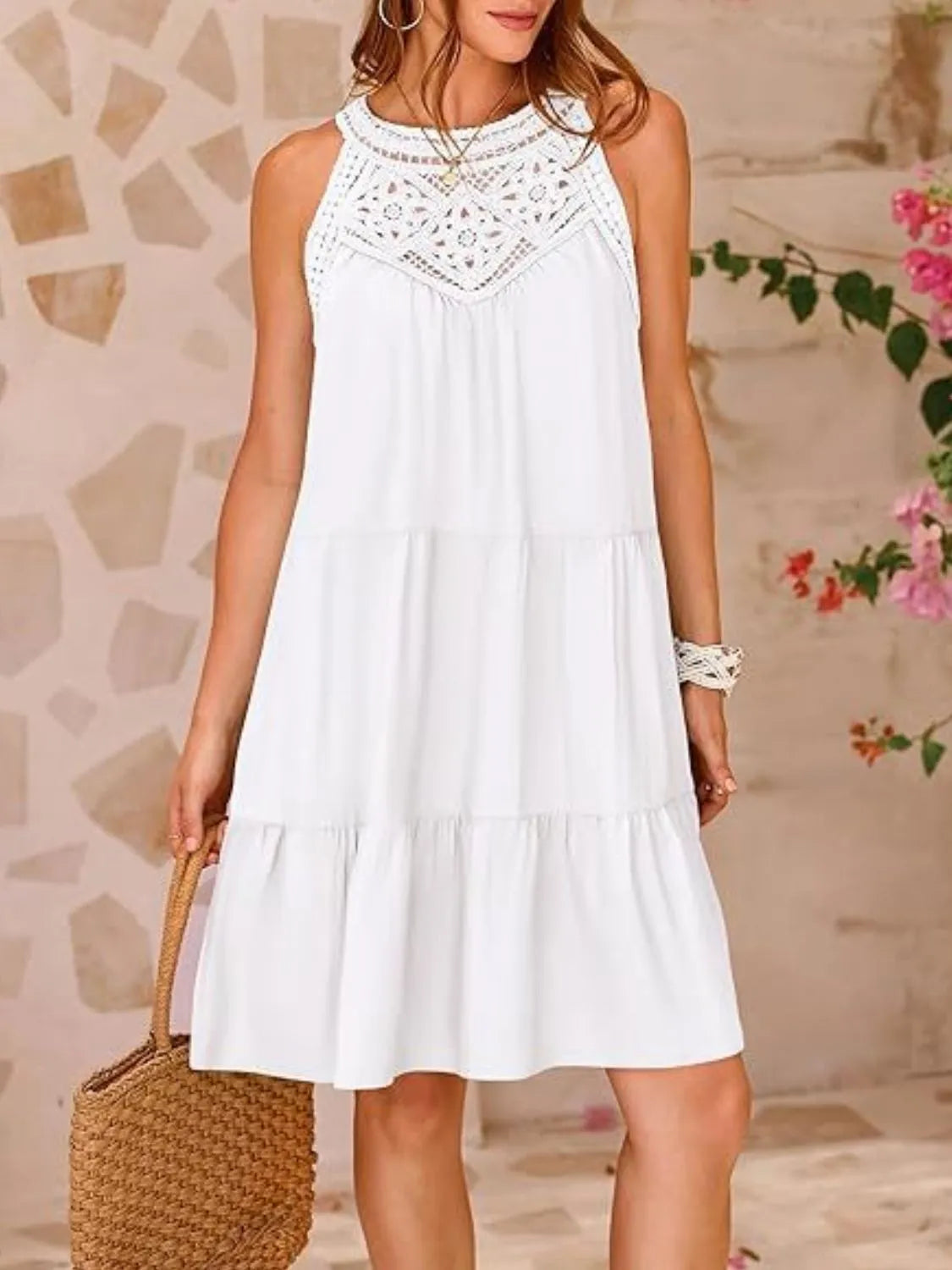 Ruffled Hem Lace Sleeveless Dress White