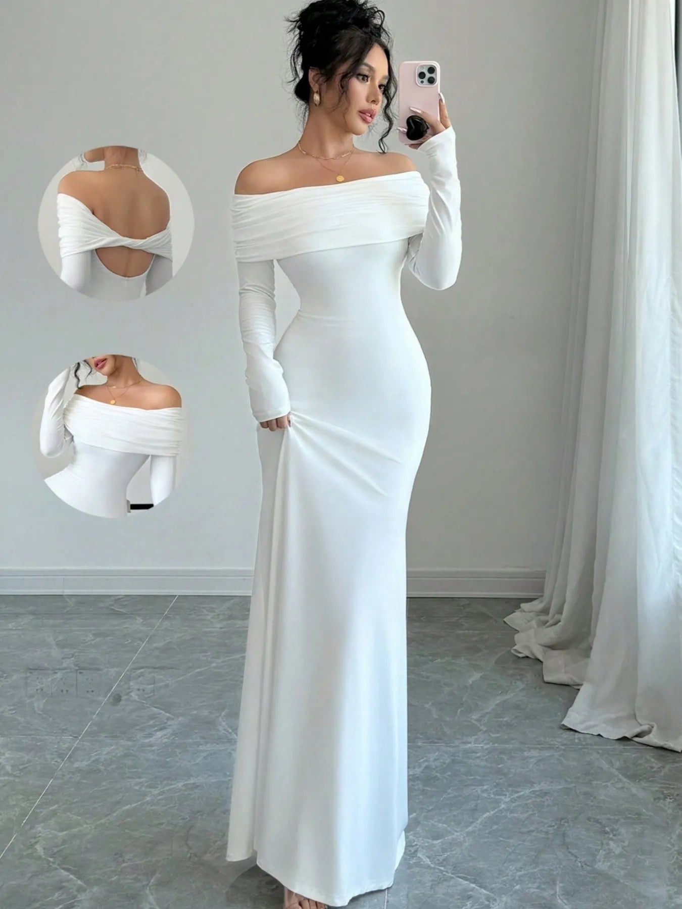 Off-Shoulder Long Sleeve Bodycon Maxi Dress White