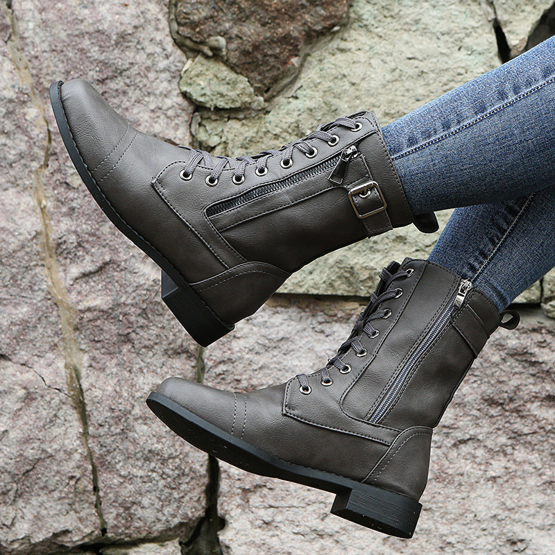 Lace Up Side Zip Buckle Block Heel Combat Boots
