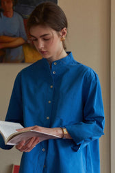 Cotton Mandarin Collar Long Sleeve Top