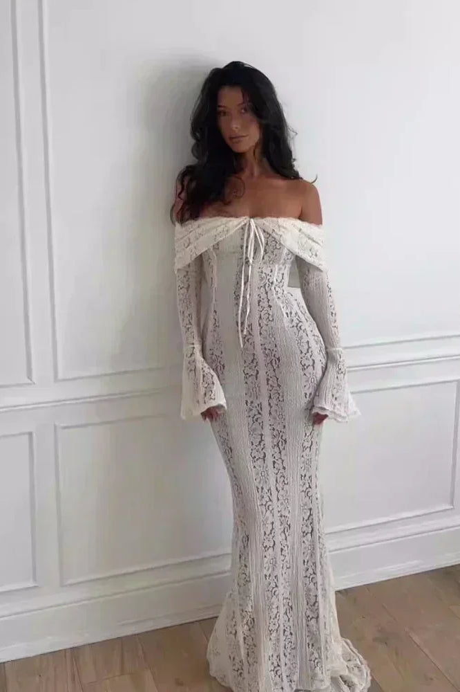 White Off Shoulder Long Sleeve Lace Maxi Dress 4
