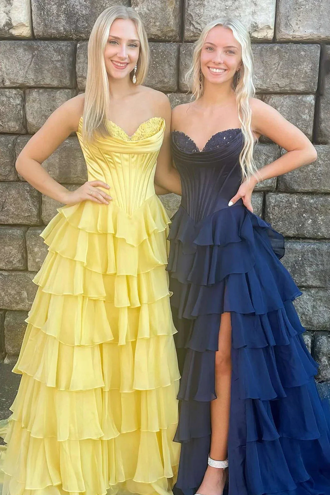 Lovely Yellow A-Line Sweetheart Long Tiered Prom Dress with Slit