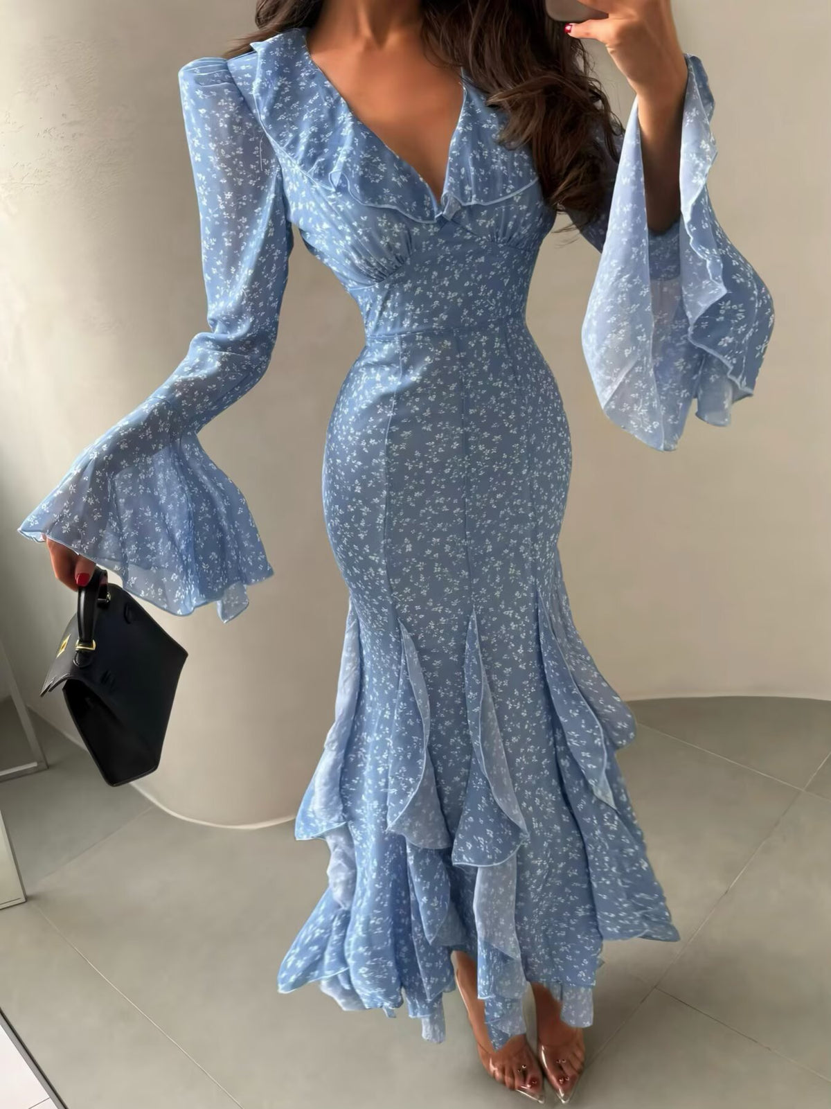 Ditsy Floral V-Neck Ruffle Trim Bell Sleeve Tiered Ruffle Maxi Dress 3
