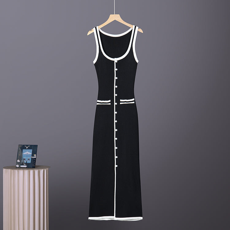 Ribbed Knit Contrast Trim Scoop Neck Sleeveless Button Front Slit Midi Dress 2