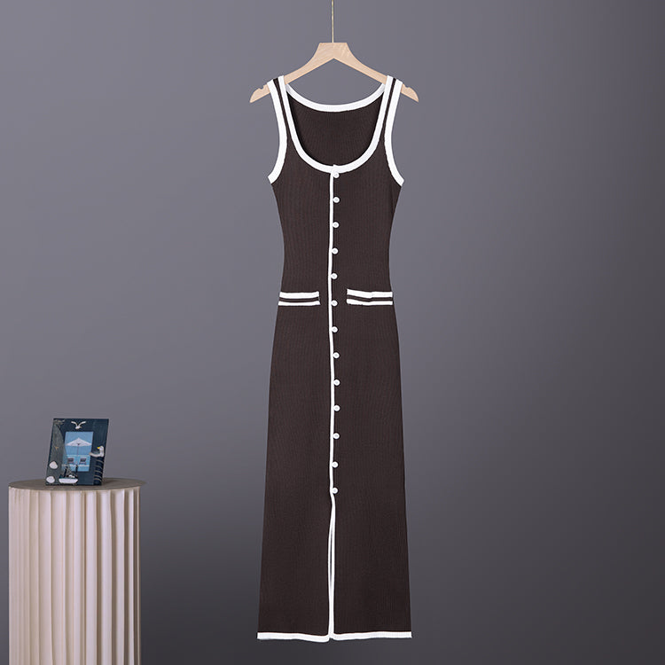 Ribbed Knit Contrast Trim Scoop Neck Sleeveless Button Front Slit Midi Dress 3