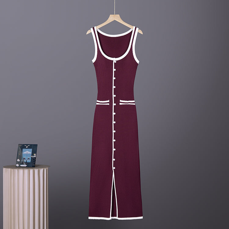 Ribbed Knit Contrast Trim Scoop Neck Sleeveless Button Front Slit Midi Dress 4