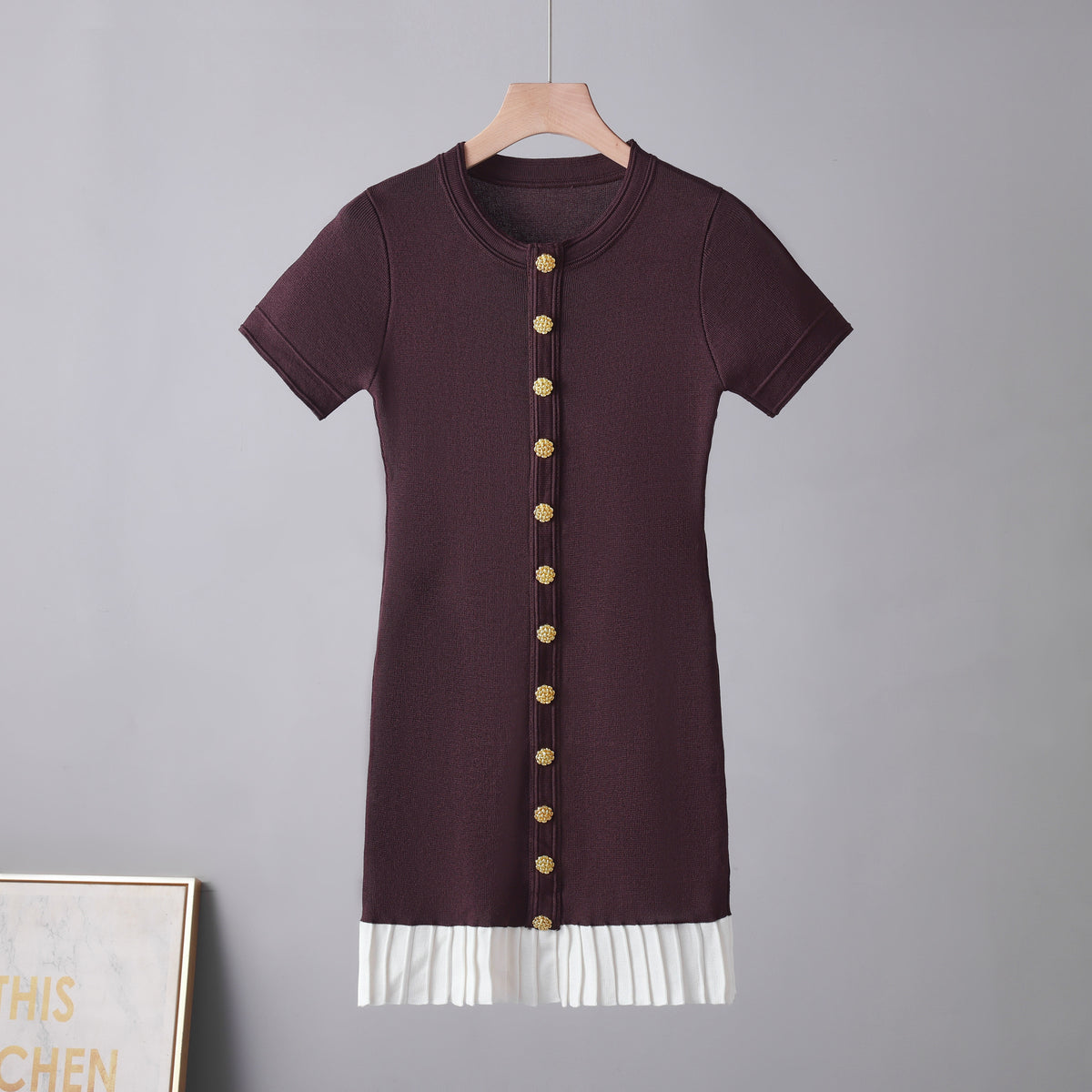 Knit Crew Neck Short Sleeve Button Front Contrast Pleated Hem Mini Dress 3