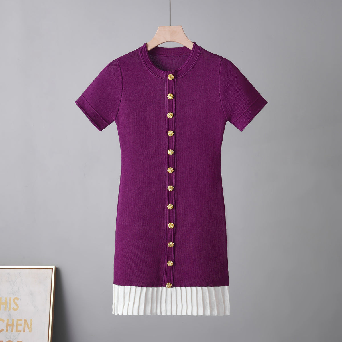Knit Crew Neck Short Sleeve Button Front Contrast Pleated Hem Mini Dress 4