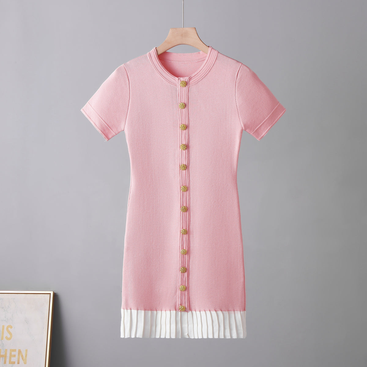 Knit Crew Neck Short Sleeve Button Front Contrast Pleated Hem Mini Dress 5