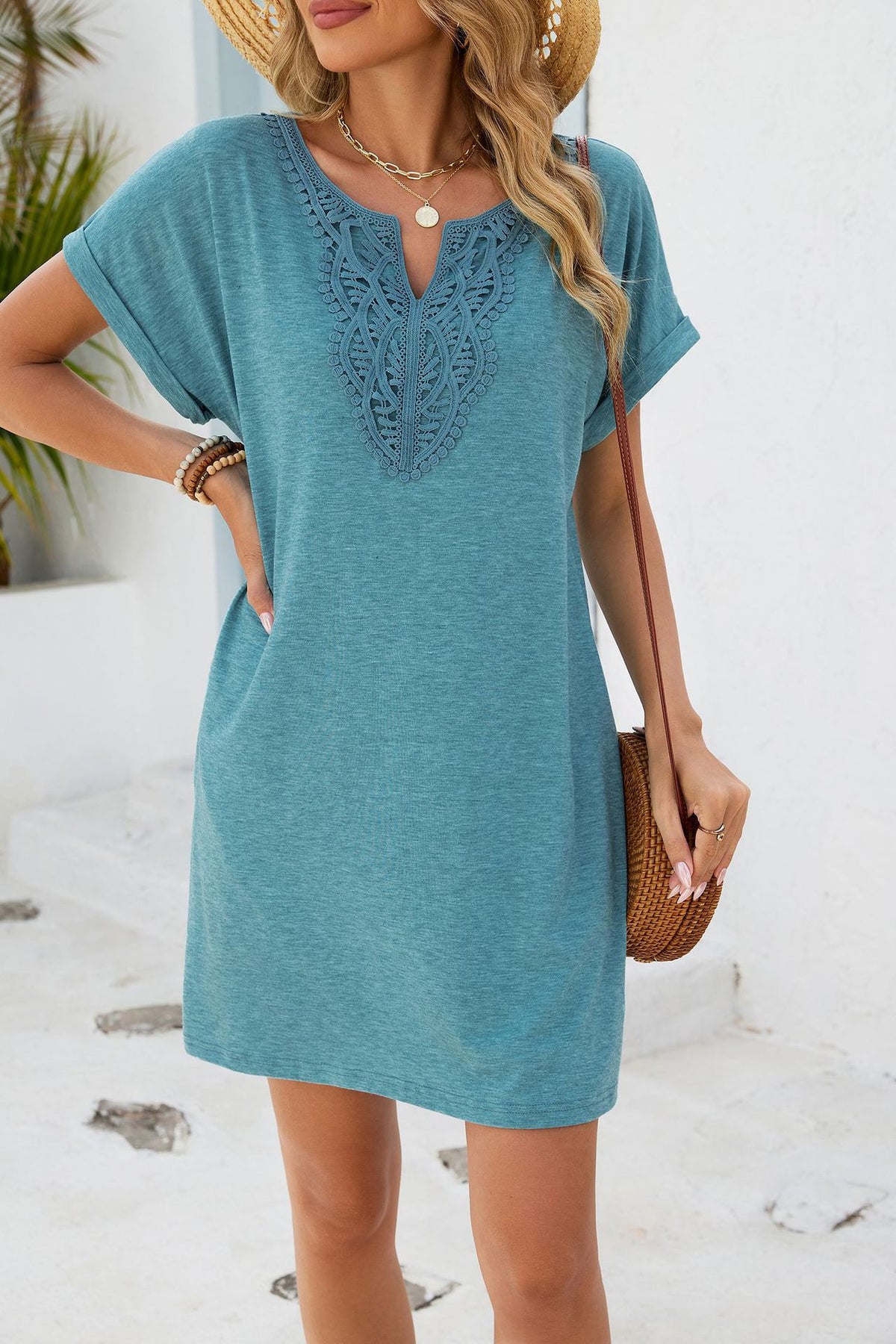 Spring Summer Solid Color V neck Lace Loose Short Sleeve Pocket Dress