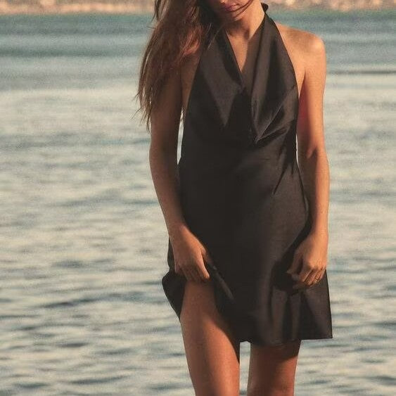 Satin Cowl Neck Halter Backless Slip Mini Dress
