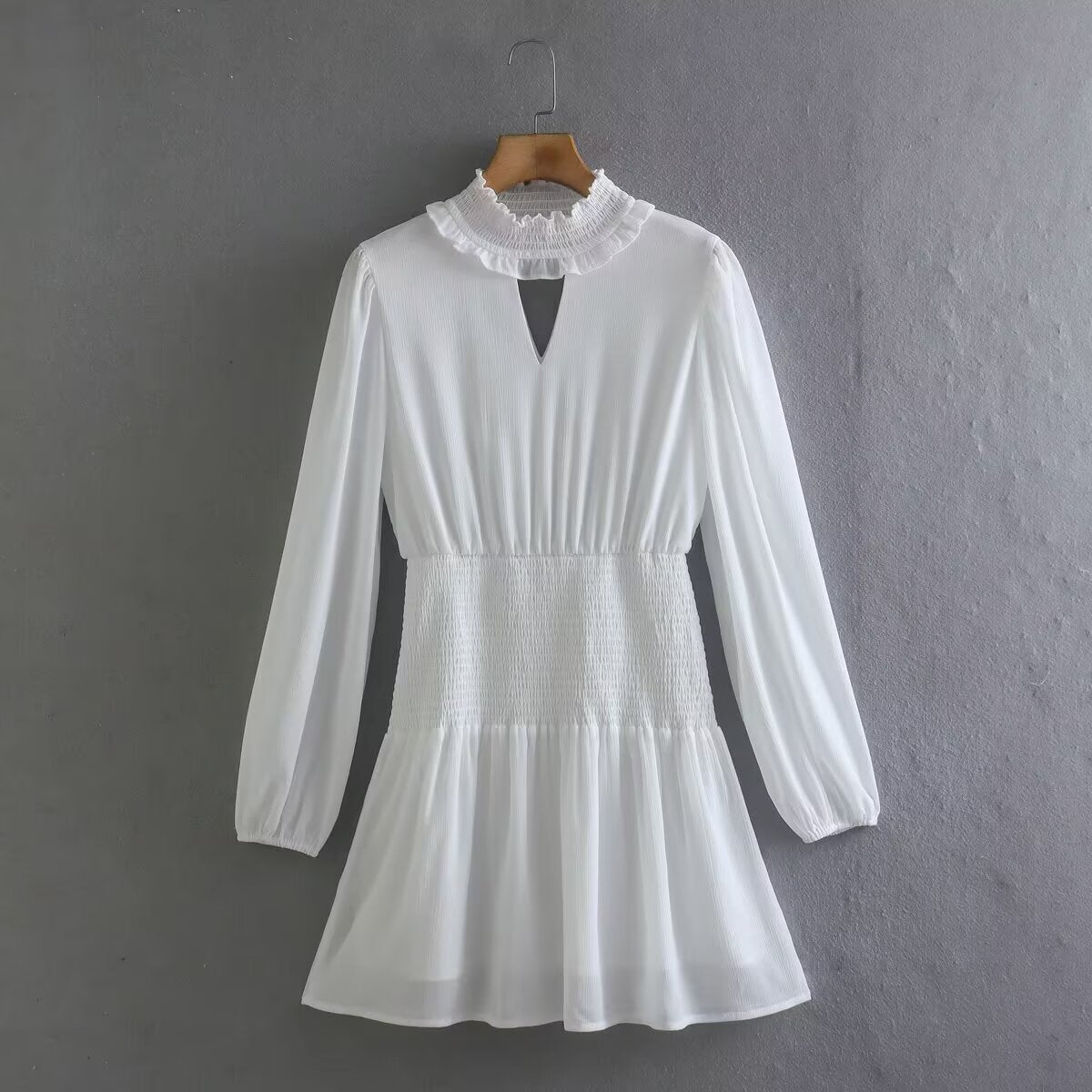 Ruffle Mock Neck Keyhole Long Sleeve Smocked Waist Mini Dress