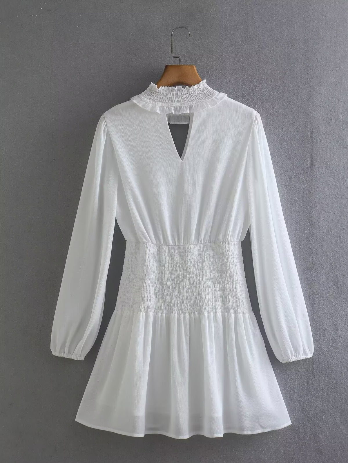 Ruffle Mock Neck Keyhole Long Sleeve Smocked Waist Mini Dress 2