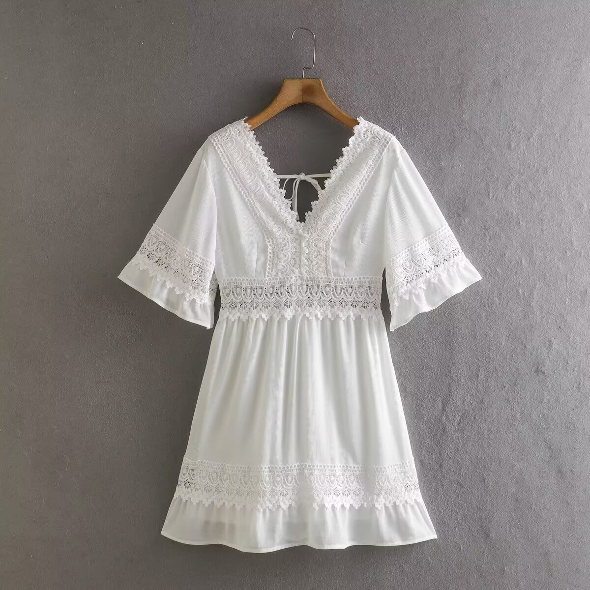 Crochet Lace Trim V-Neck Flutter Sleeve Tie Back Mini Dress