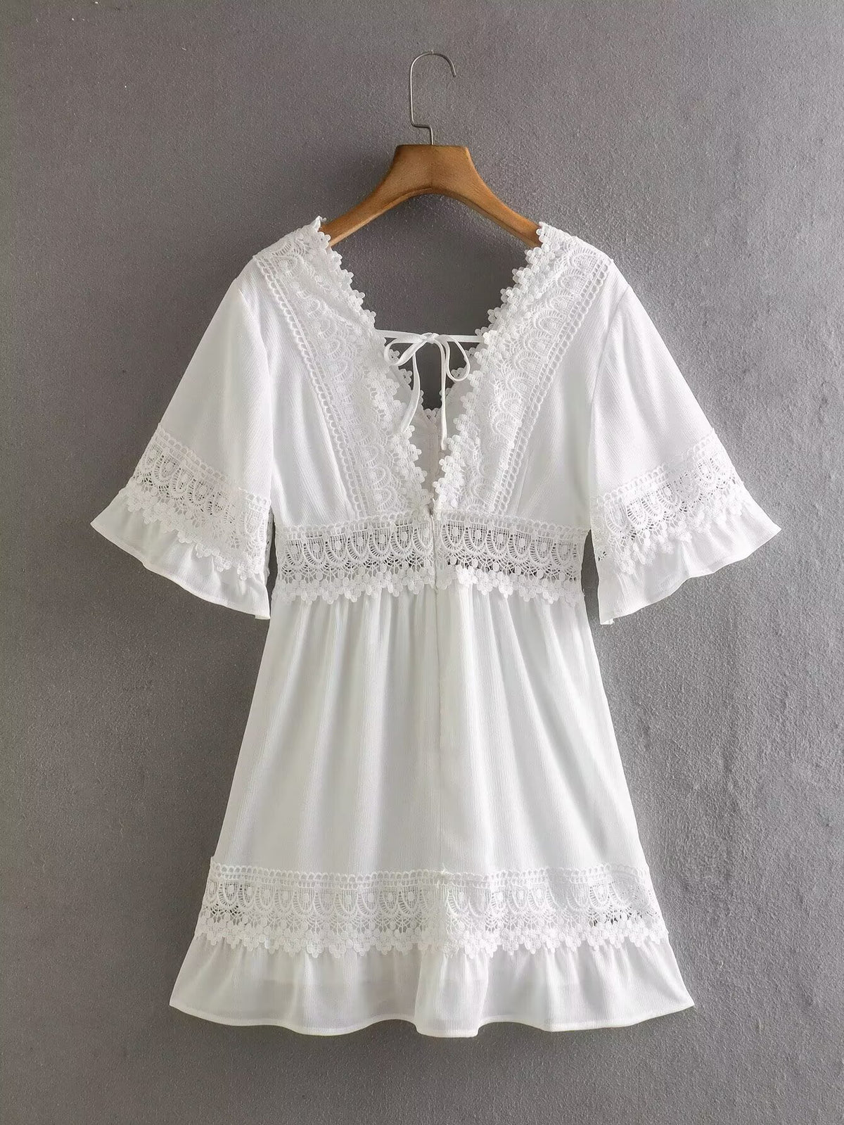 Crochet Lace Trim V-Neck Flutter Sleeve Tie Back Mini Dress 2