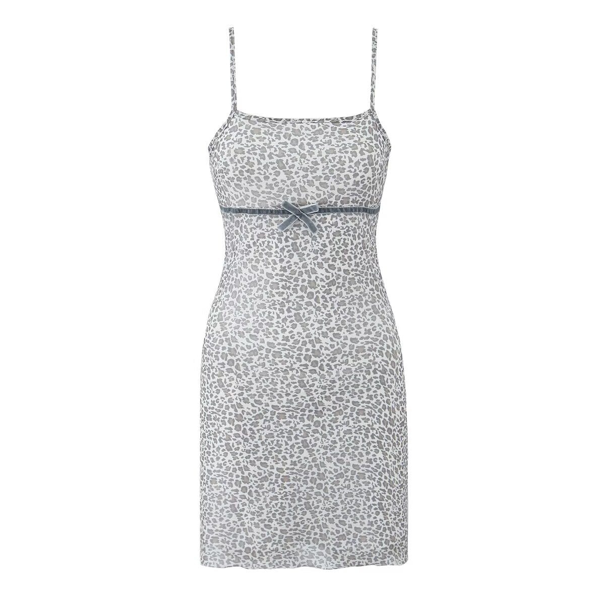 Leopard Print Straight Neck Cami Bow Detail Mesh Mini Dress 2