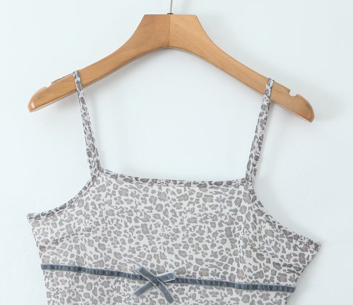 Leopard Print Straight Neck Cami Bow Detail Mesh Mini Dress 4