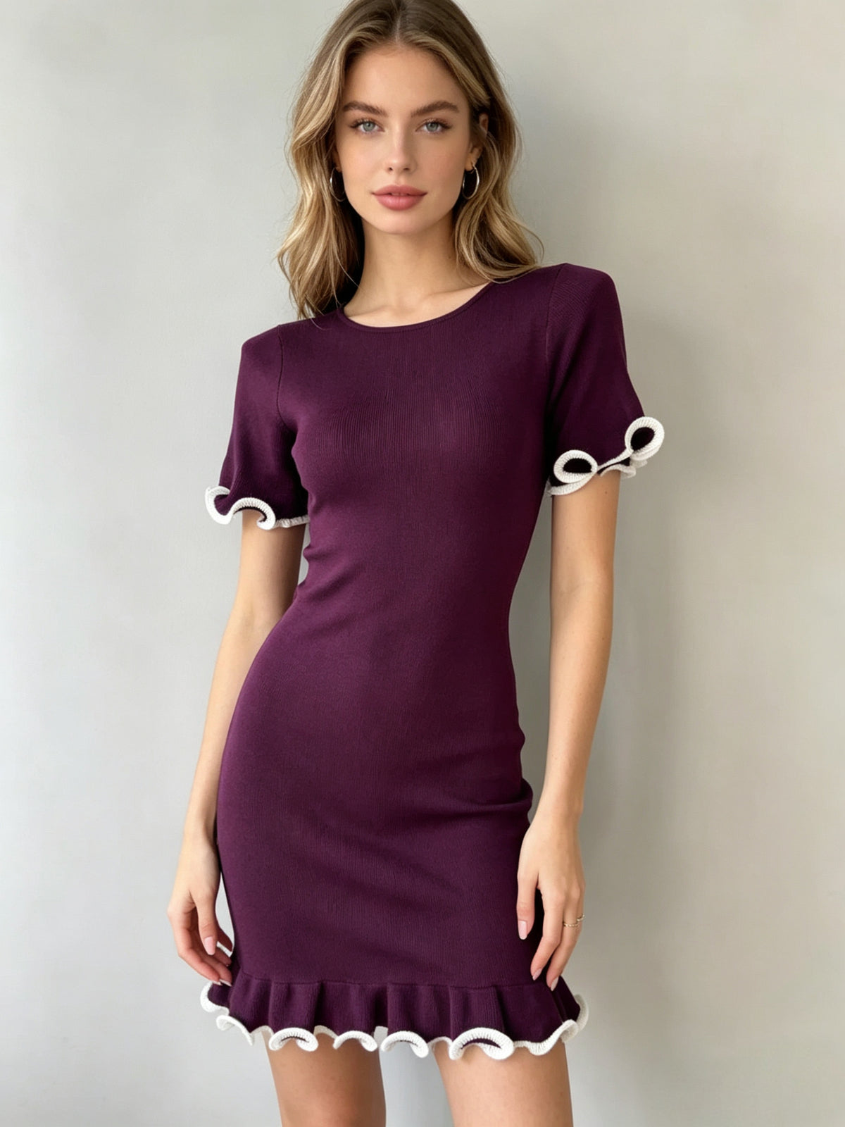 Knit Crew Neck Short Sleeve Ruffle Trim Bodycon Mini Dress 3