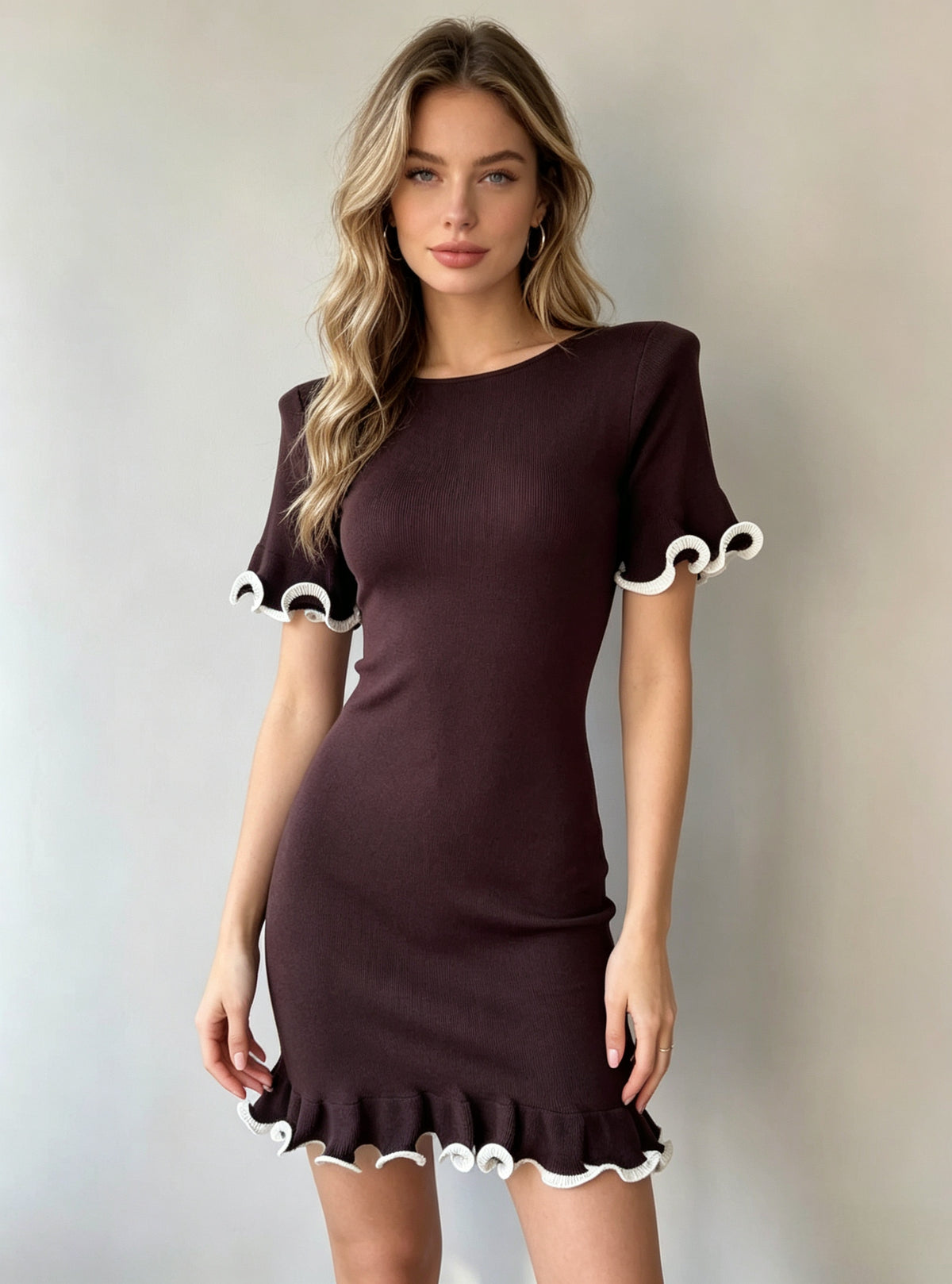 Knit Crew Neck Short Sleeve Ruffle Trim Bodycon Mini Dress 7