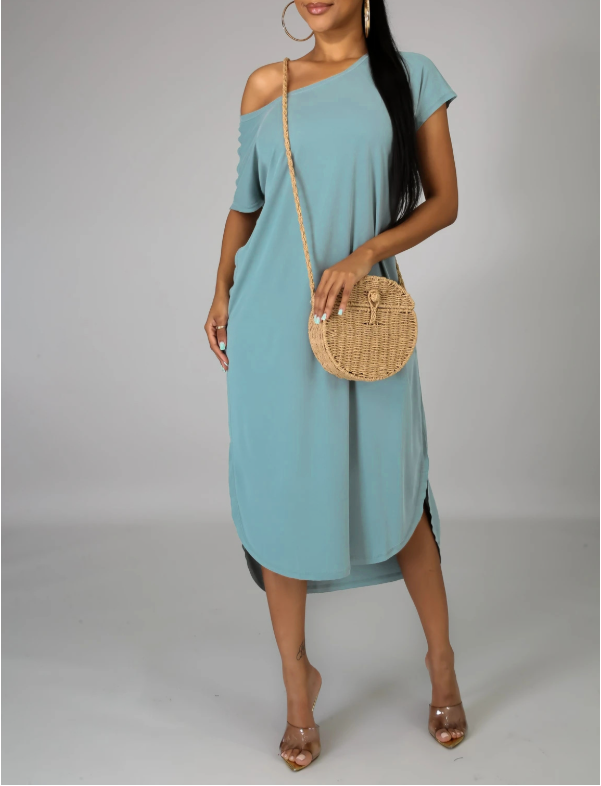 Off Shoulder Short Sleeve Curved Split Hem Loose Midi T Shirt Dress