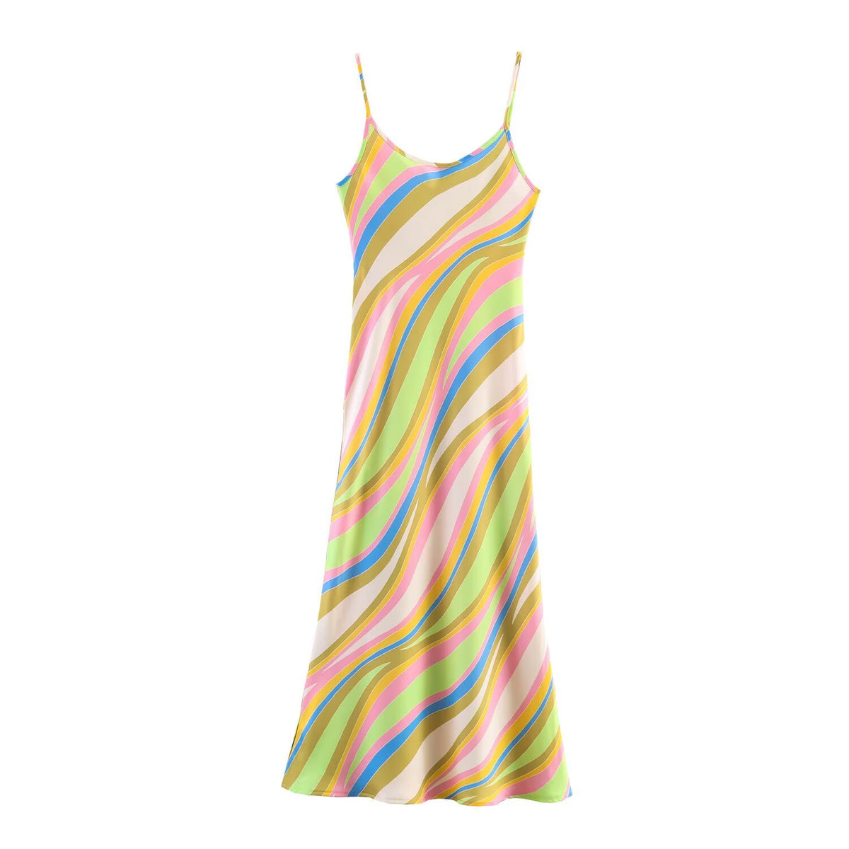 Striped Print Satin Scoop Neck Cami Bias Cut Midi Slip Dress 5