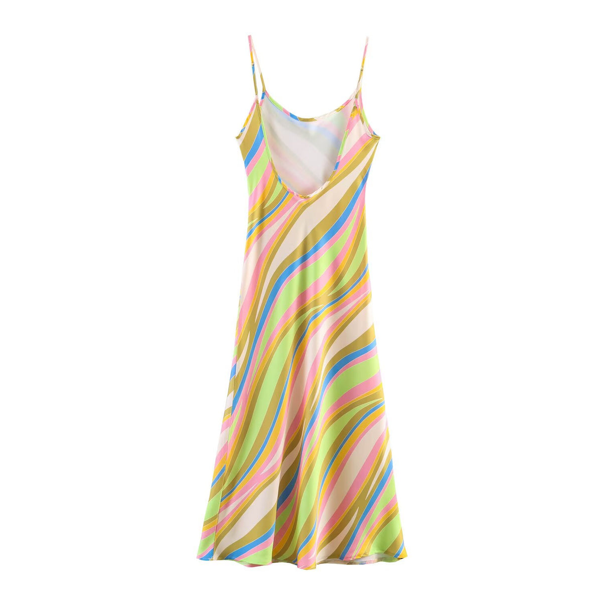 Striped Print Satin Scoop Neck Cami Bias Cut Midi Slip Dress 4