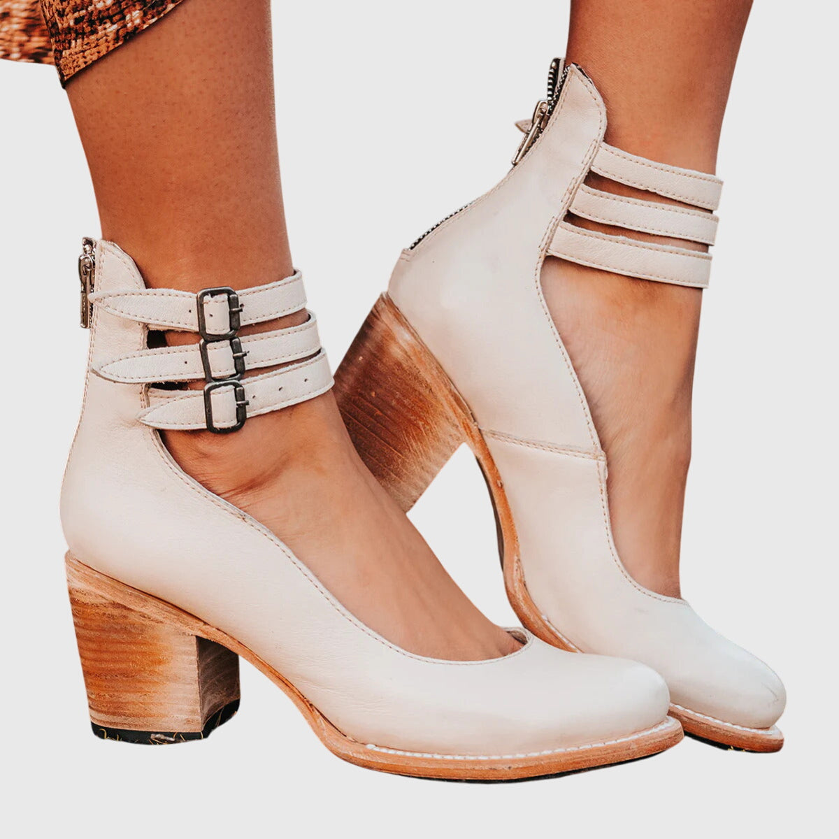 Round Toe Buckle Ankle Strap Block Heel Pumps