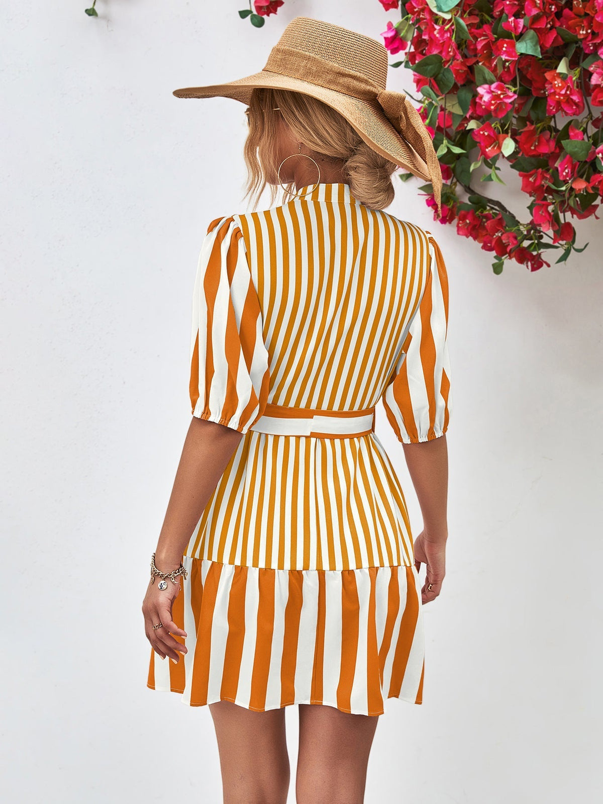 Striped Puff Sleeve Button Front Belted Ruffle Hem Mini Dress 9
