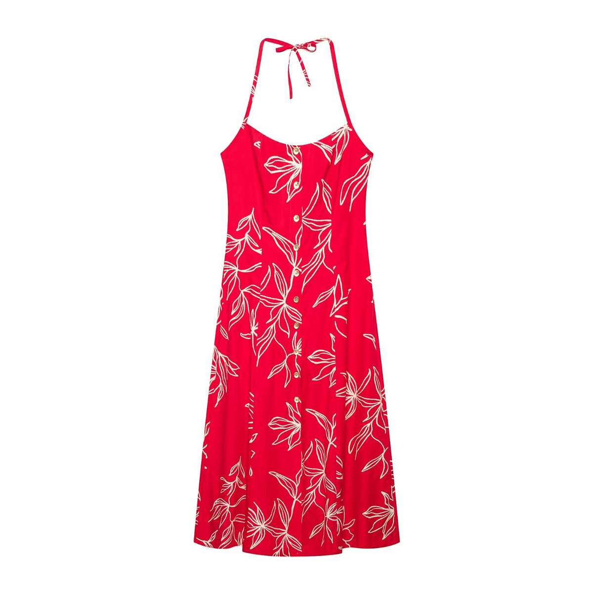 Floral Print Halter Neck Button Front Split Midi Dress 2