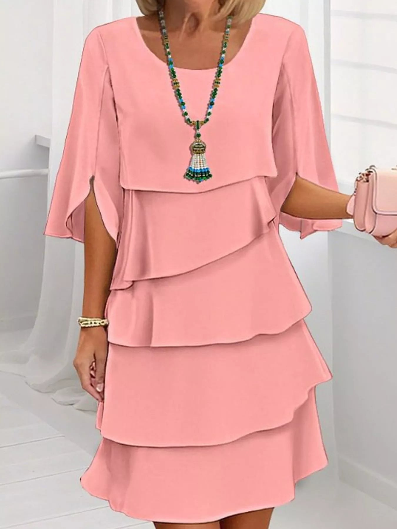 Full Size Ruffled Layered Flutter Sleeve Dress Plus Size Coral