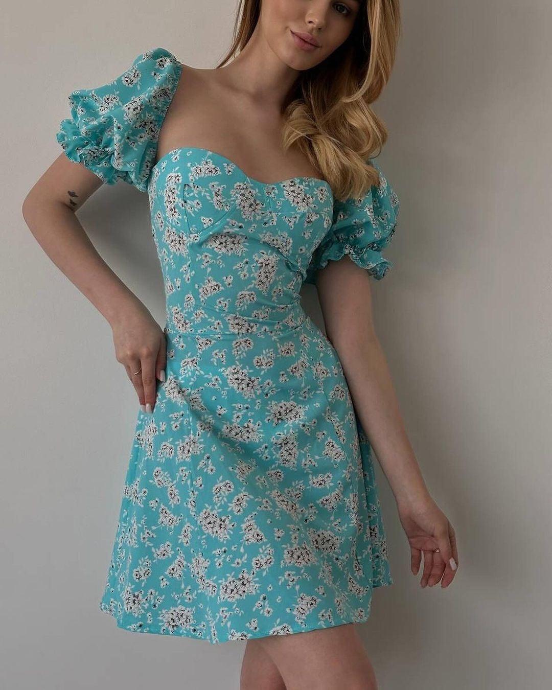 Floral Print Sweetheart Neck Puff Sleeve A-Line Mini Dress