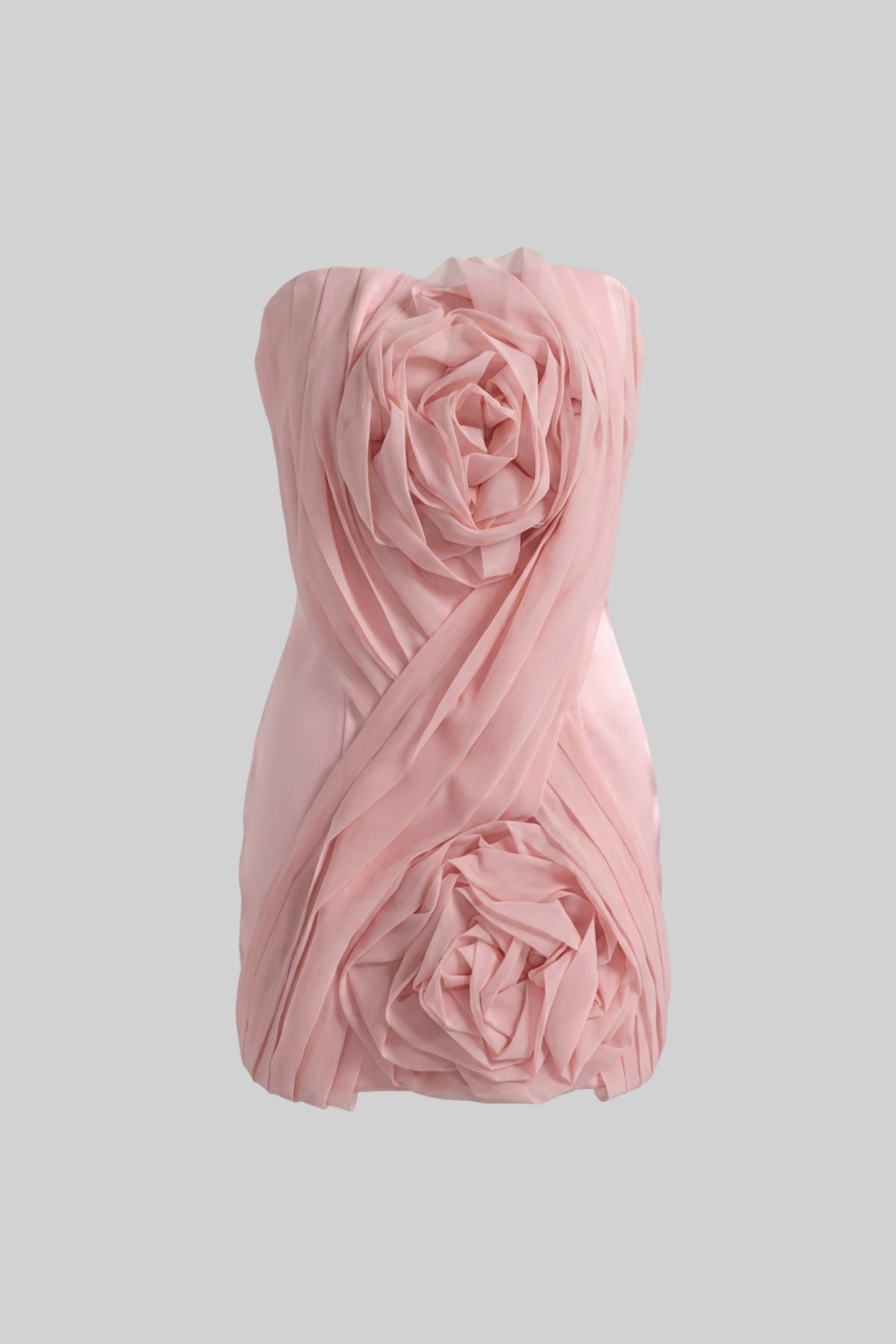 Strapless Pleated Rosette Applique Satin Mini Dress 2