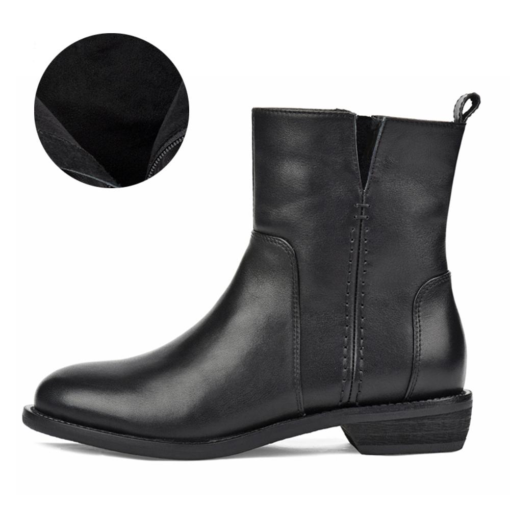 Handmade Genuine Leather Booties Round Toe Side Zip Low Heels Chic Mid-Calf Boots Black Short Plush Lining