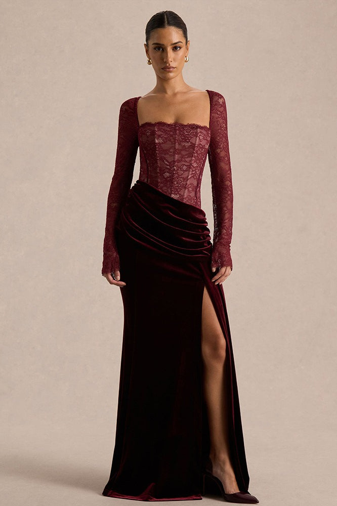 Lace Panel High Slit Long Sleeve Maxi Lace Dress
