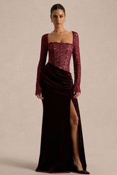 Lace Panel High Slit Long Sleeve Maxi Lace Dress