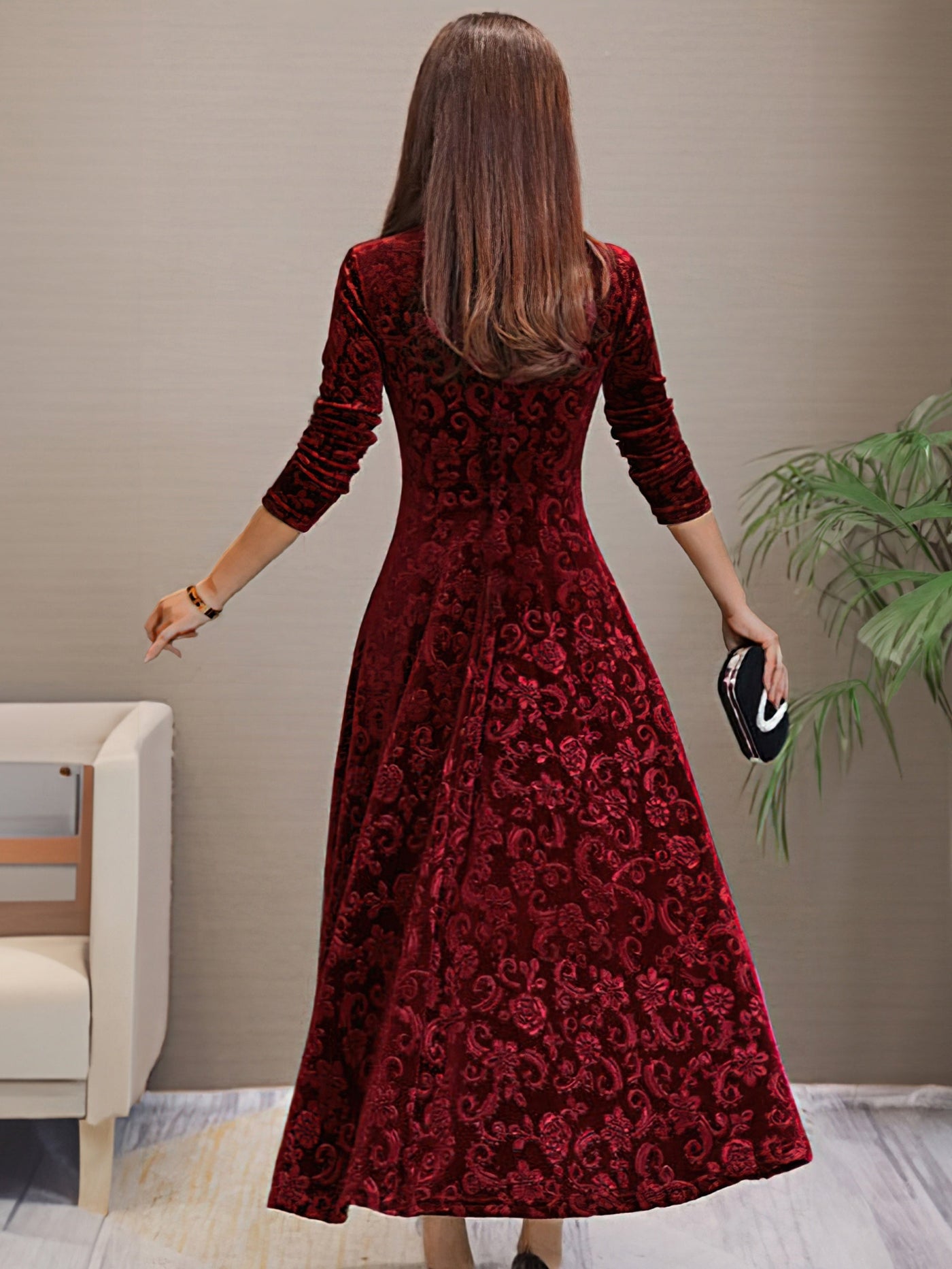 Floral Velvet V-Neck Long Sleeve Fit and Flare Midi Dress 14