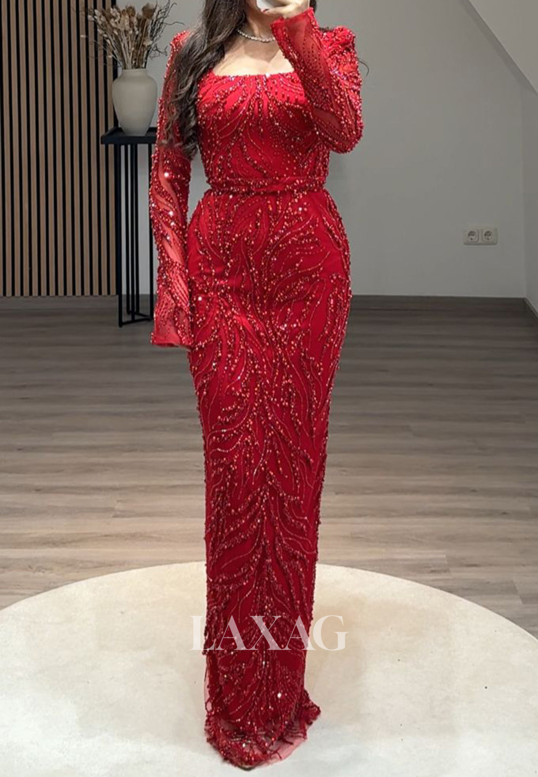 Square-Neck Long Sleeves Pleated Mermaid Prom Dress Beaded Sequined Floor-Length Evening Gowns