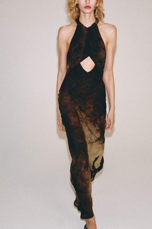 Tie Dye Print Halter Neck Keyhole Cut Out Bias Maxi Dress