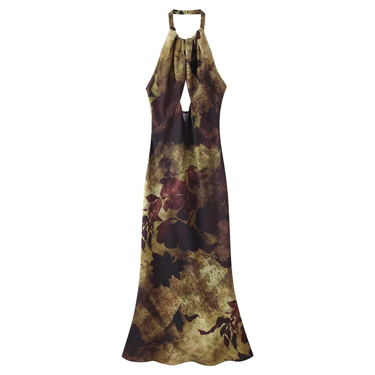 Tie Dye Print Halter Neck Keyhole Cut Out Bias Maxi Dress 2
