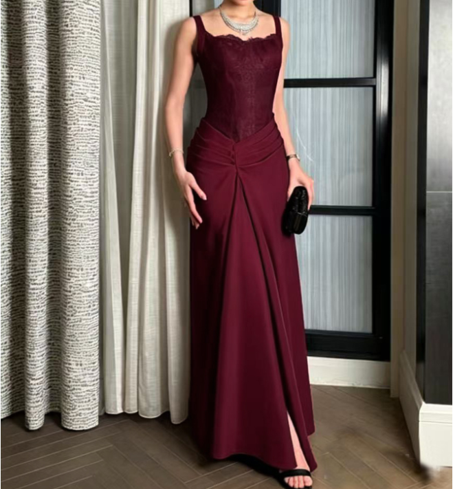 Burgundy Lace Slim Fit Patchwork Evening Maxi Dress Cocktail