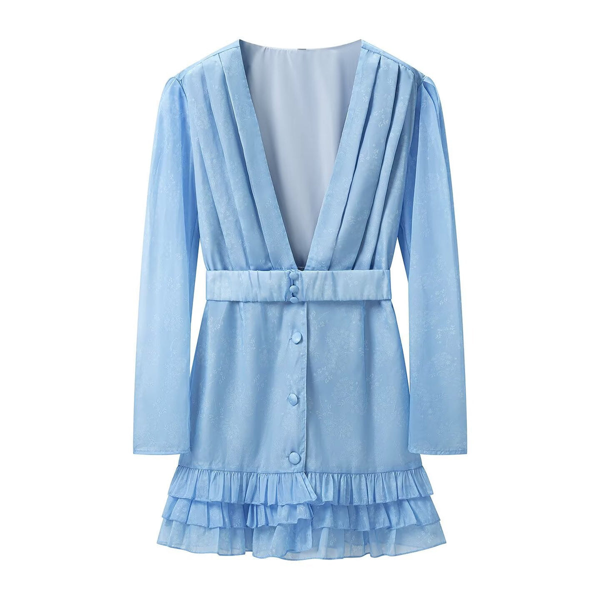 Waist Controlled Long Sleeves Ruffled Short Dress Early Autumn