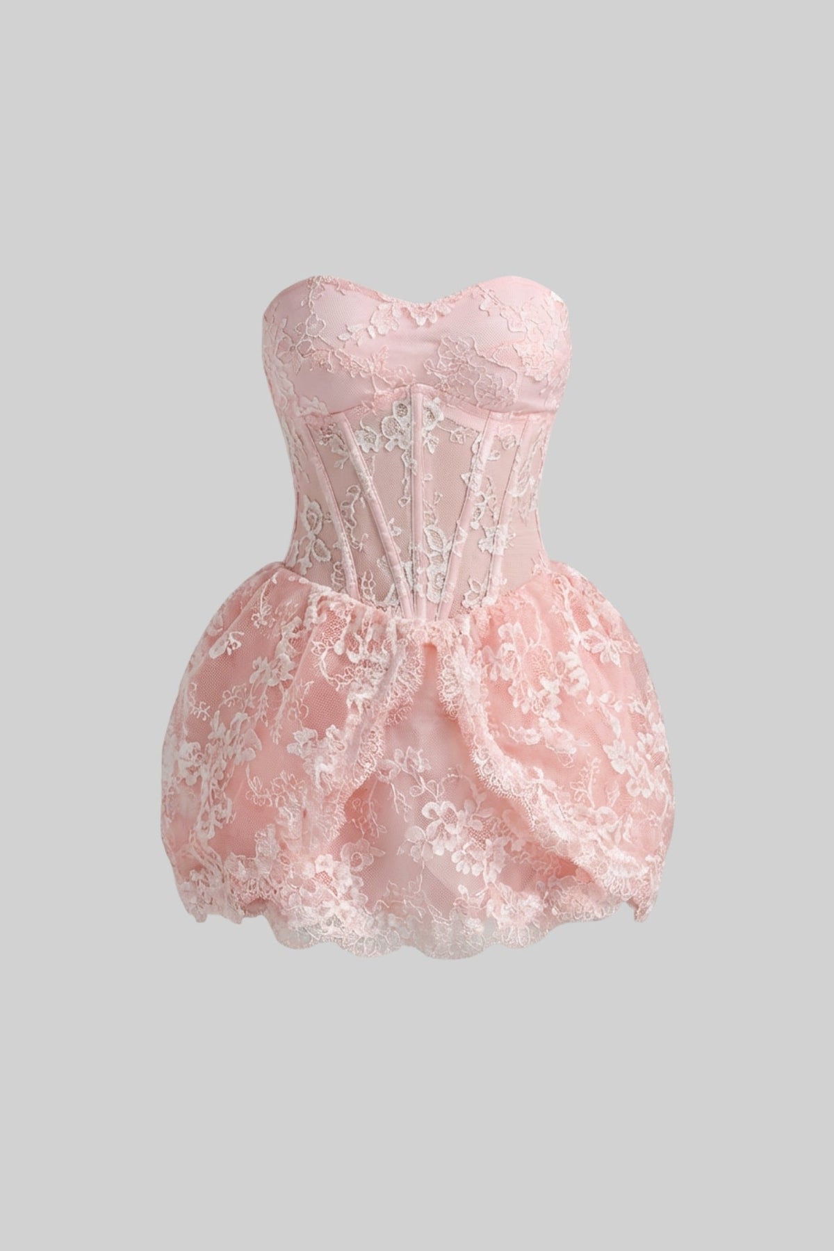 Strapless Sweetheart Corset Bodice Floral Lace Bubble Mini Dress 2
