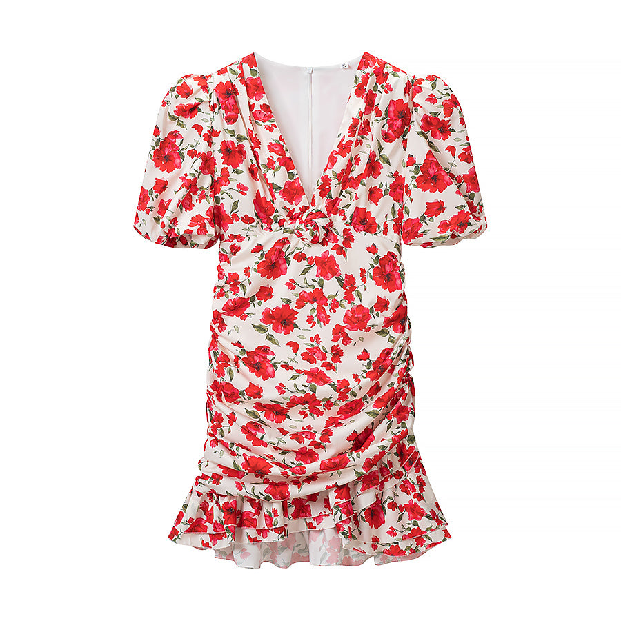 Women Clothing Summer Fashionable Elegant Slim Fit Slimming Deep V Plunge neck Printed Dress