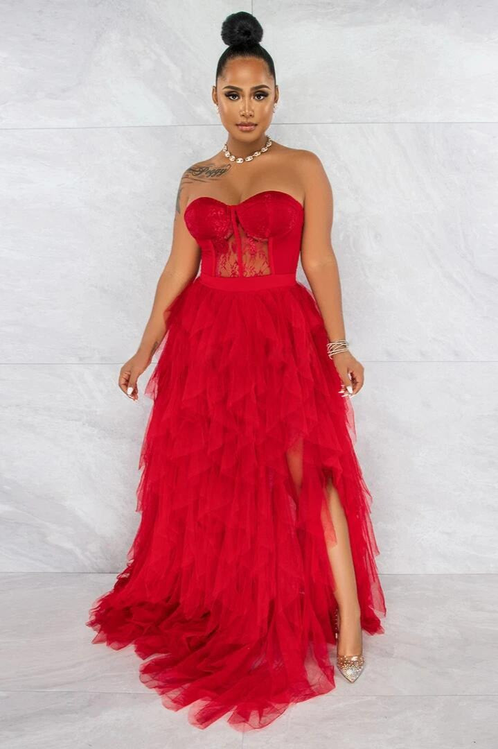 Sheer Lace Bustier Strapless Tulle A-Line Formal Gown