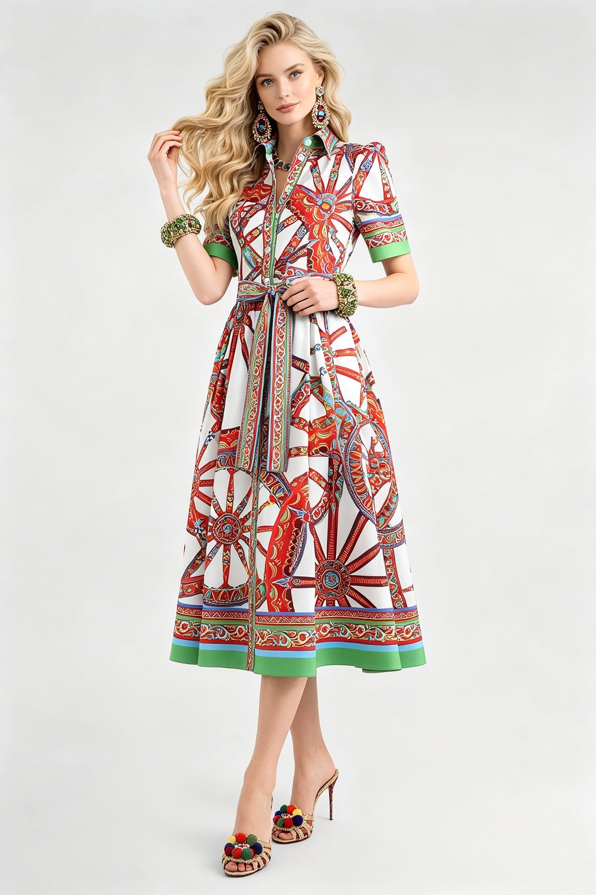 Baroque Print Collared Short Sleeve Belted A-Line Midi Shirt Dress 3