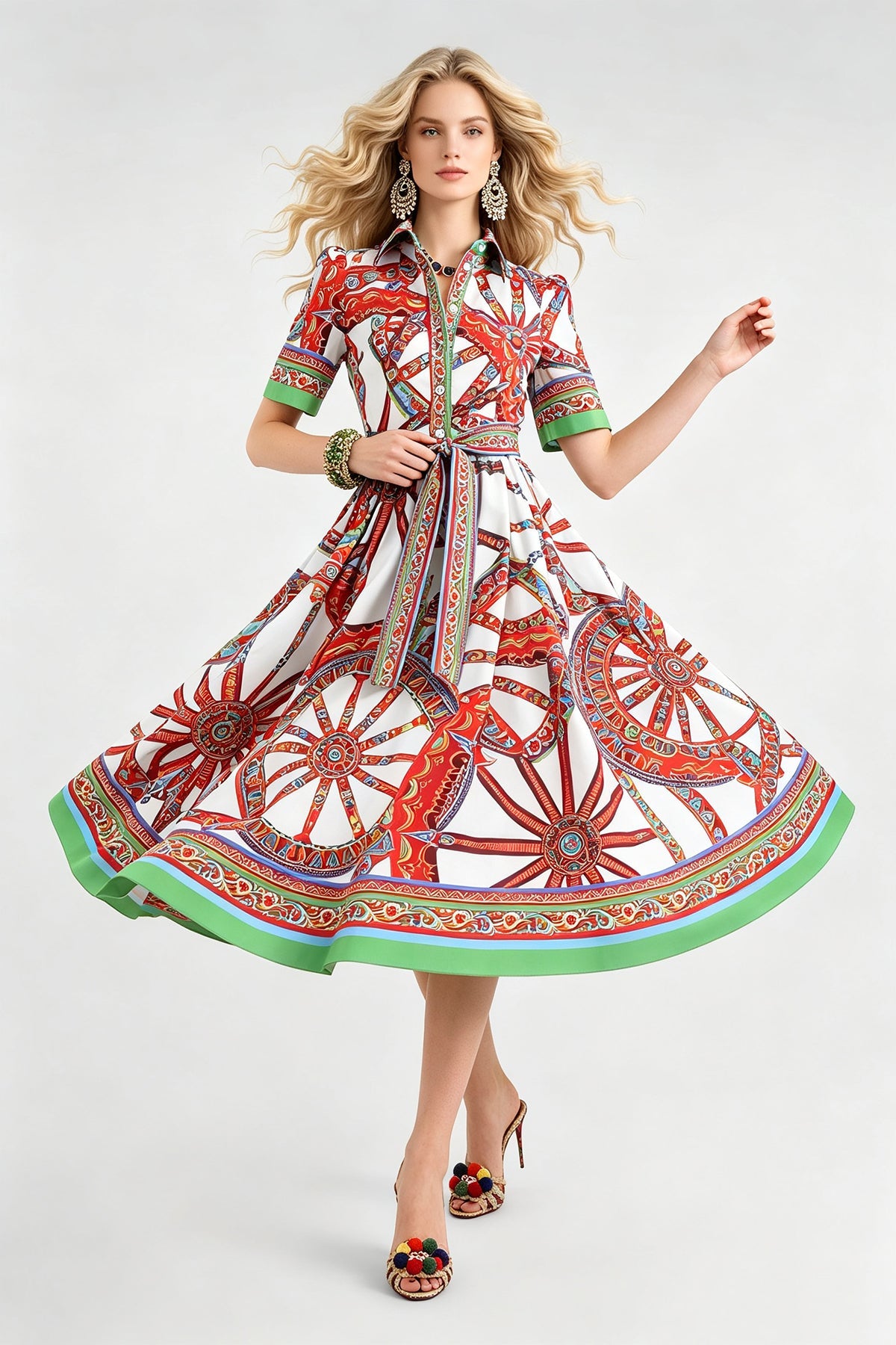 Baroque Print Collared Short Sleeve Belted A-Line Midi Shirt Dress 5