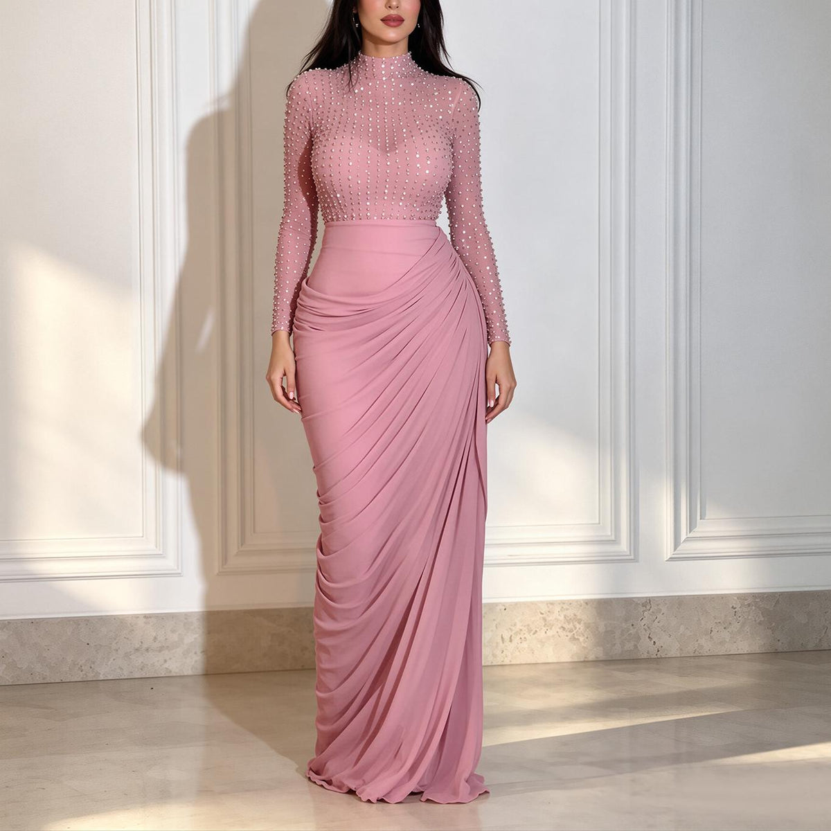 Women Clothing Sexy Turtleneck Rhinestone Mesh Ruffle Hip Dinner Dress Set