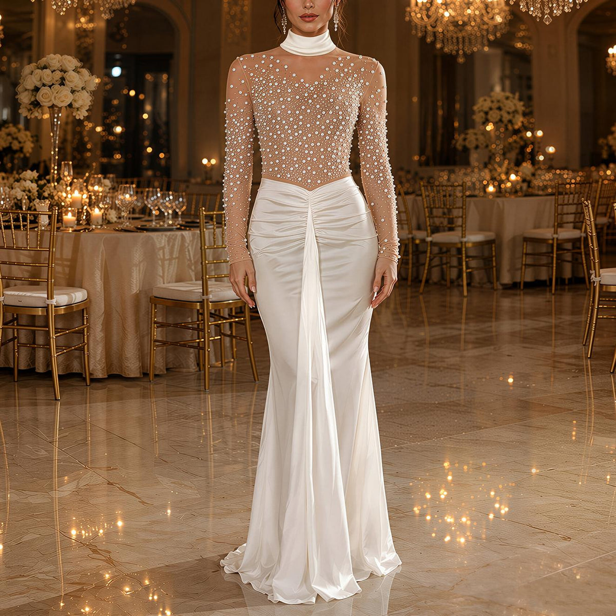 Women Clothing Turtleneck Grenadine Pearl Rhinestone Long Sleeved Dress Cocktail Light Luxury Dress